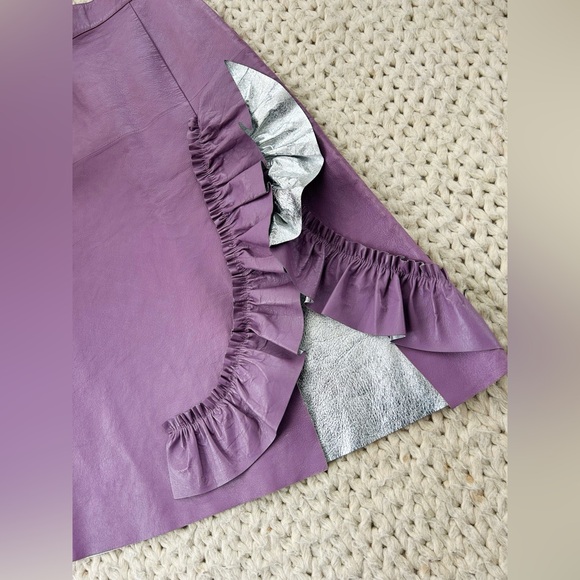 NEW Miu Miu Lavender Leather Midi Skirt with Silver Ruffle - Picture 4 of 16